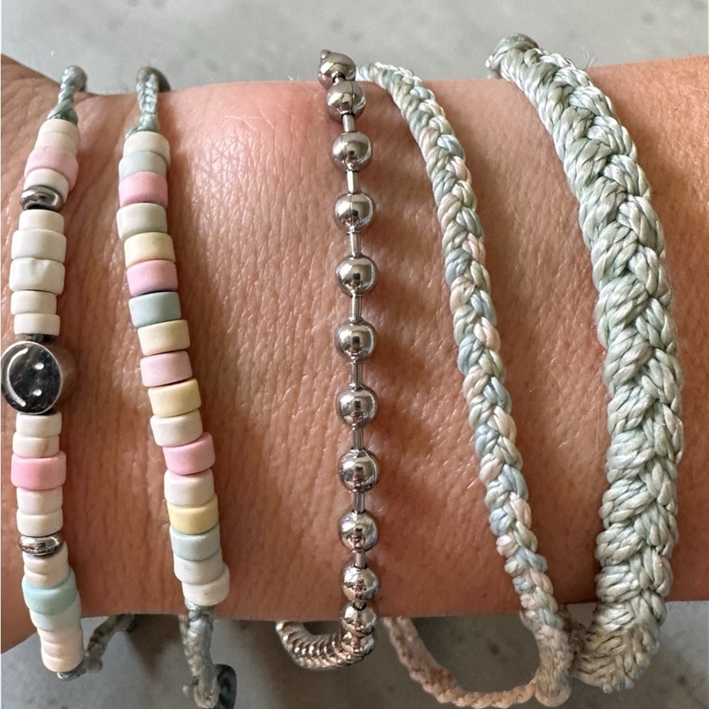 Pura Vida Pastel Bead & Braided Stack Bracelet Set - Mint, Pink, Cream, Silver